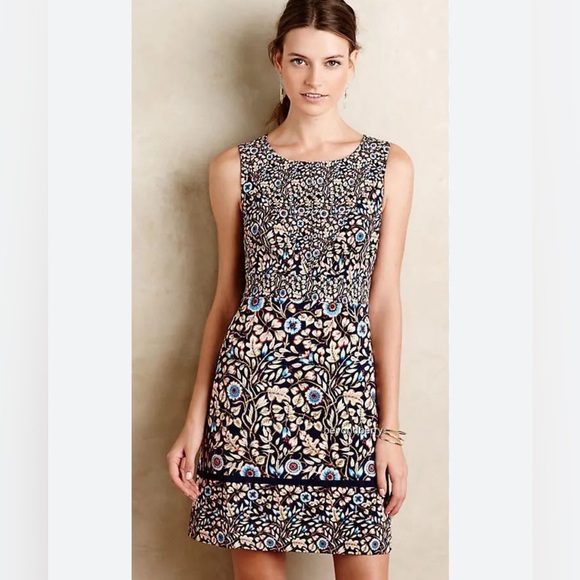 SOLD 💙 Anthropologie Mauve Floral Pattern With Blue Background Dress - Size 10 - Picture 2 of 12